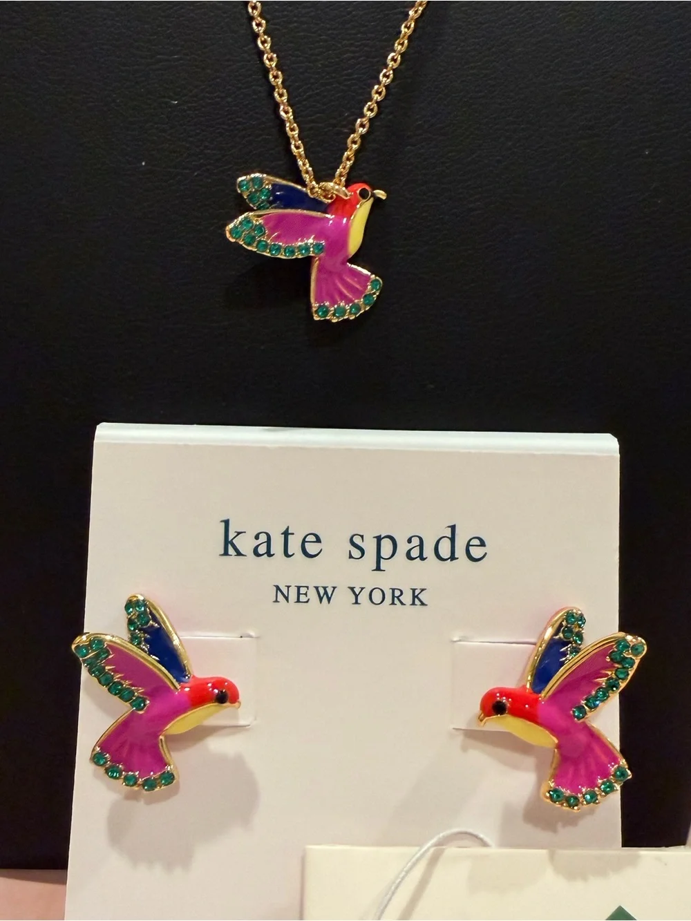 kate spade |♠️| Gold Plated & Crystal Pink Hummingbird Necklace & Earring Set
